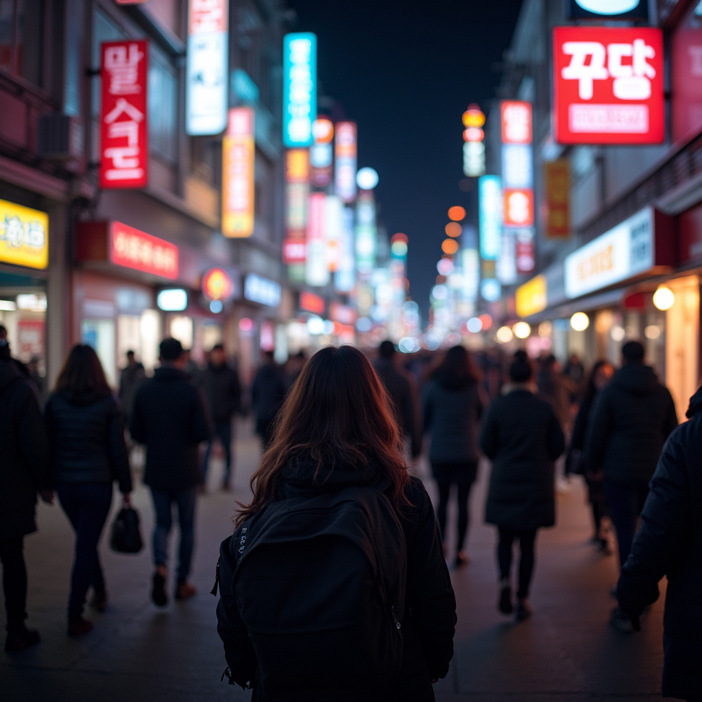 ulica w Seulu z neonami i tłumem ludzi, samotność w mieście