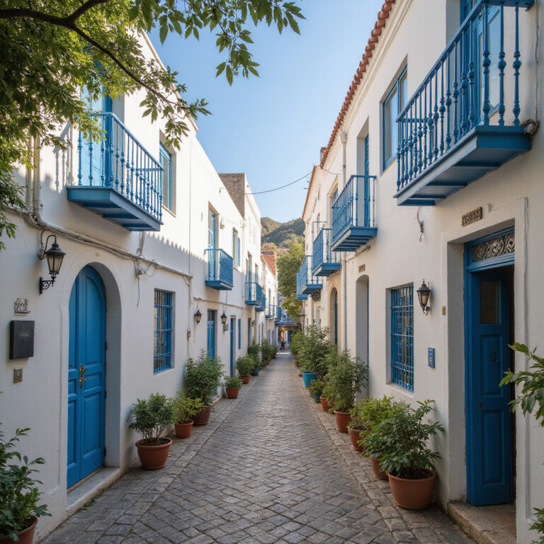 Ulica w Sidi Bou Said z widokiem na biało-niebieskie domy i zabytkowe hotele butikowe