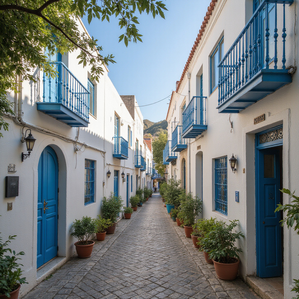 Ulica w Sidi Bou Said z widokiem na biało-niebieskie domy i zabytkowe hotele butikowe