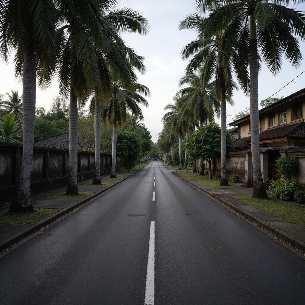 Ulica w Ubud podczas Nyepi, pustynna i cicha, z widocznymi palmami