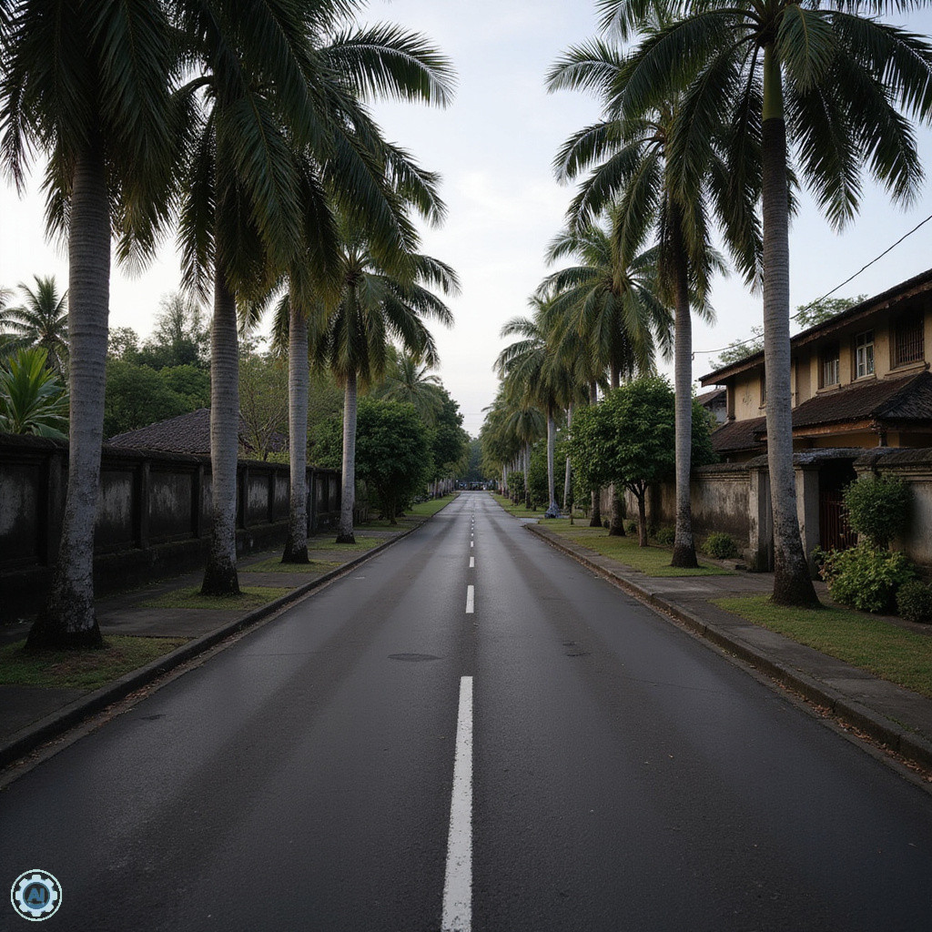 Ulica w Ubud podczas Nyepi, pustynna i cicha, z widocznymi palmami