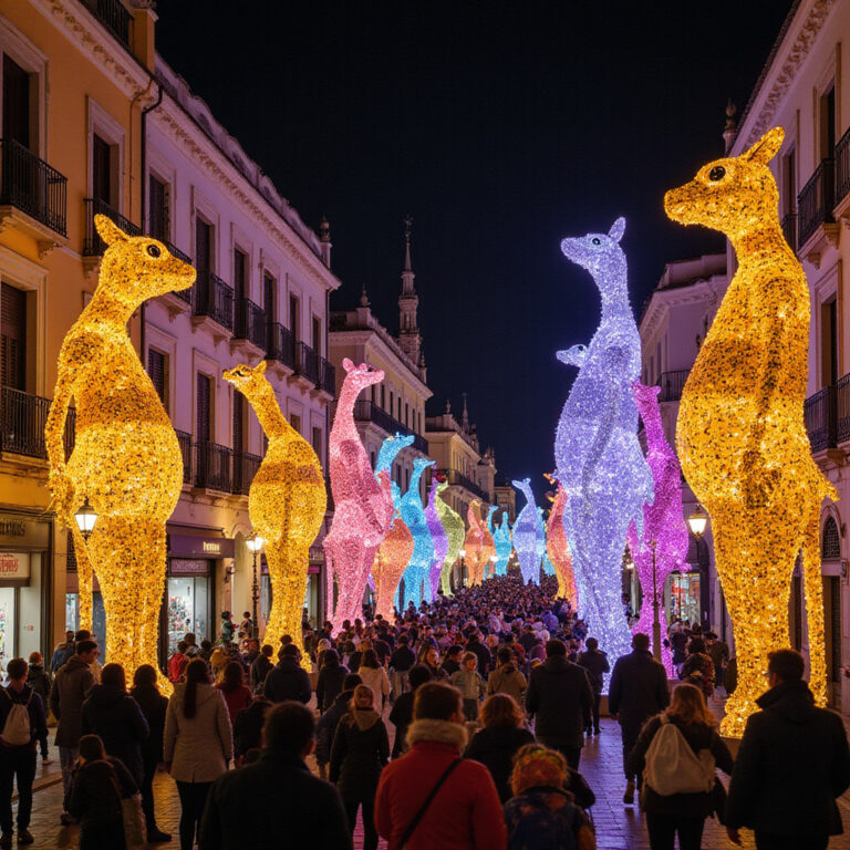 Kolorowa ulica w Walencji podczas Festiwalu Fallas z widocznymi gigantycznymi lalkami