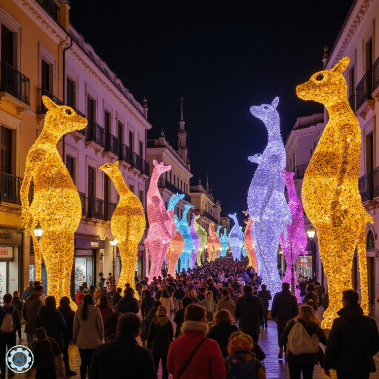 Kolorowa ulica w Walencji podczas Festiwalu Fallas z widocznymi gigantycznymi lalkami