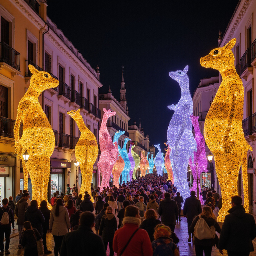 Kolorowa ulica w Walencji podczas Festiwalu Fallas z widocznymi gigantycznymi lalkami