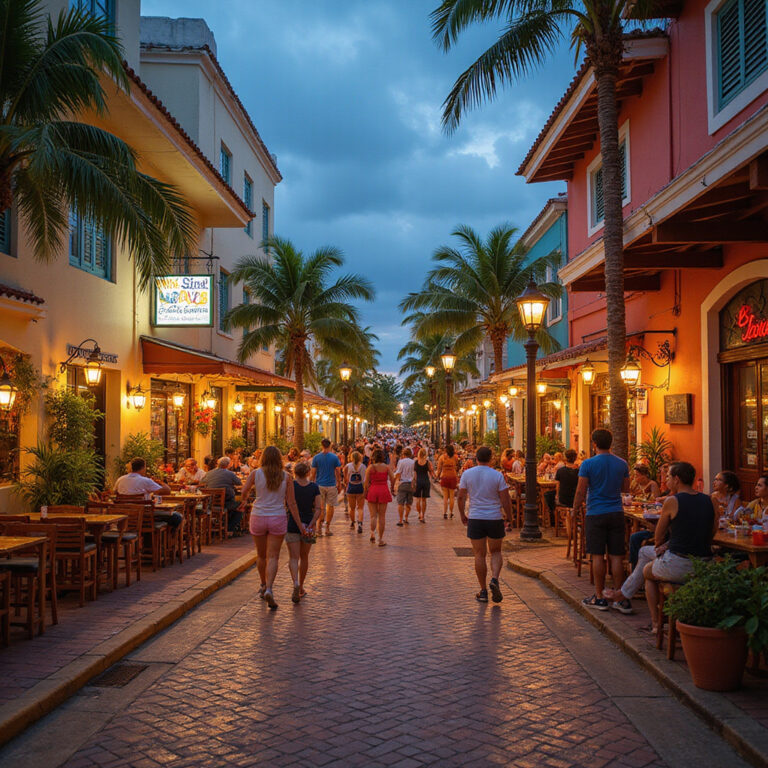 ulica w Cozumel z restauracjami serwującymi owoce morza, kolorowe budynki, turystyczna atmosfera