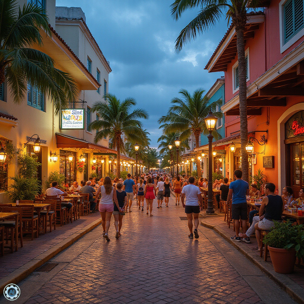 ulica w Cozumel z restauracjami serwującymi owoce morza, kolorowe budynki, turystyczna atmosfera