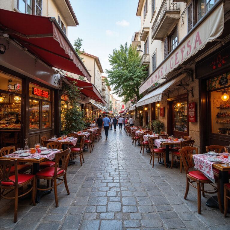 Ulica w Pamukkale z lokalnymi restauracjami i straganami, gdzie zjeść Pamukkale, tureckie jedzenie, autentyczne smaki