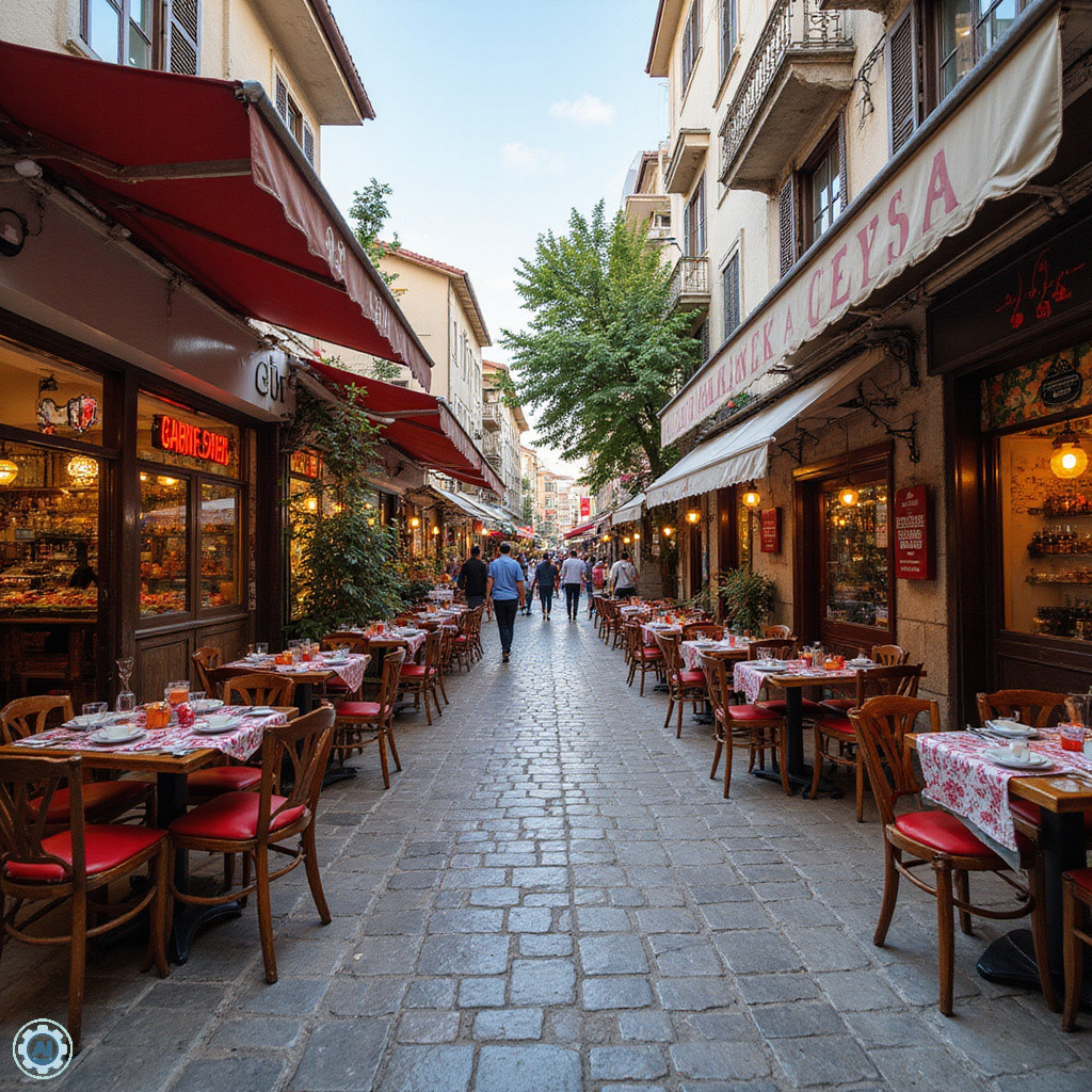 Ulica w Pamukkale z lokalnymi restauracjami i straganami, gdzie zjeść Pamukkale, tureckie jedzenie, autentyczne smaki
