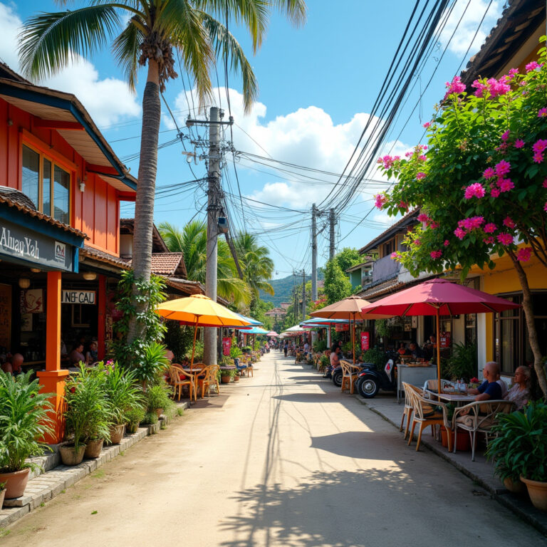Ulica w Koh Samui z wegańskimi restauracjami i kolorowymi straganami