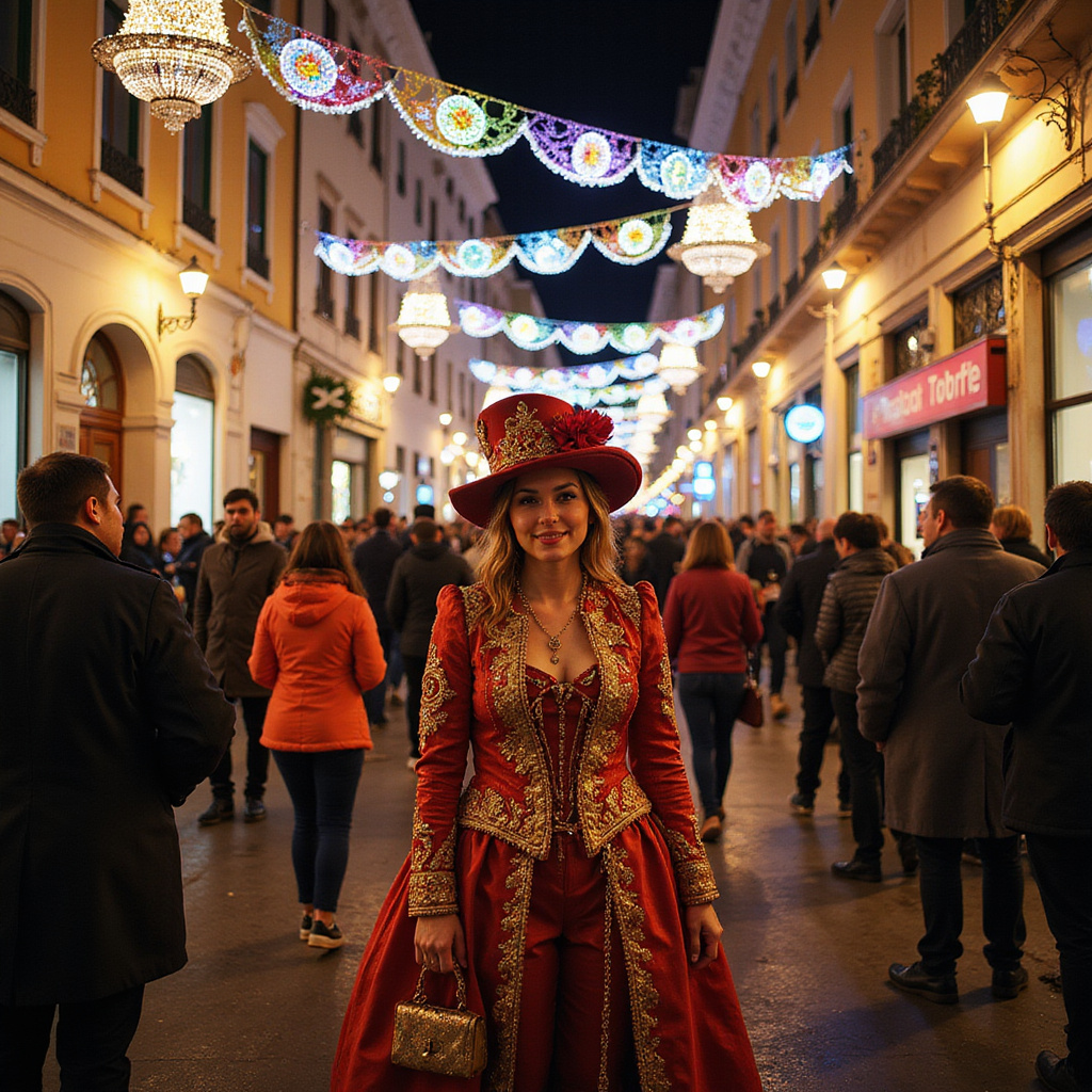 Ulica w Nicei w czasie karnawału, ozdobiona kolorowymi dekoracjami i tłumem ludzi