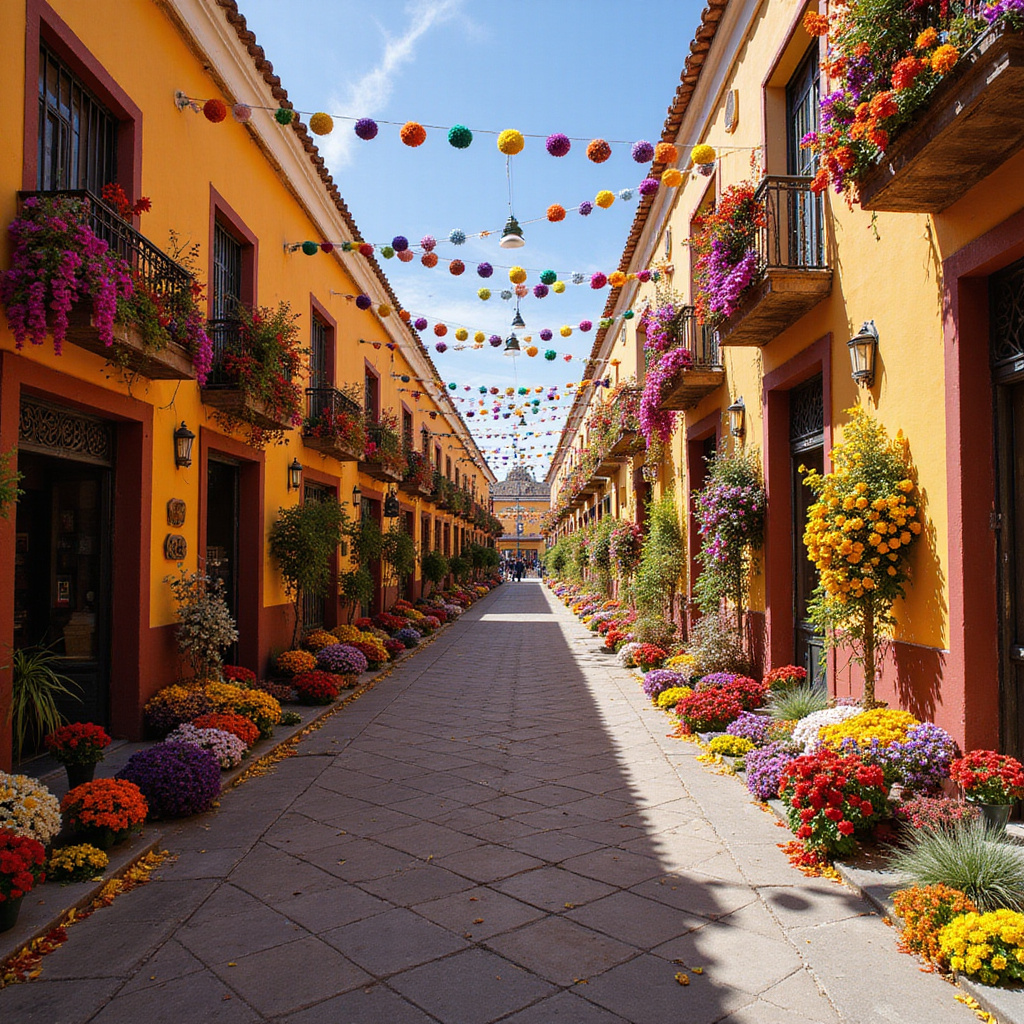 Ulica w Oaxaca ozdobiona kwiatami cempasúchil podczas Día de Muertos
