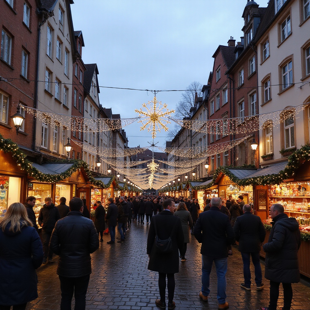Ulice Strasburga wokół jarmarku Christkindelsmärik z tłumem ludzi i świątecznymi dekoracjami