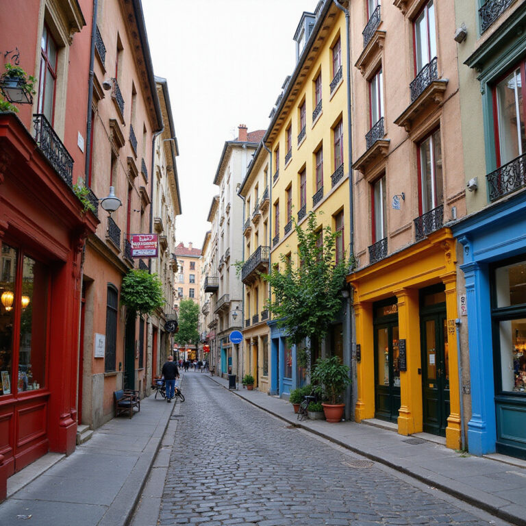 Ulica w Vieux Lyon z kolorowymi kamienicami i traboules Lyon, historia i architektura