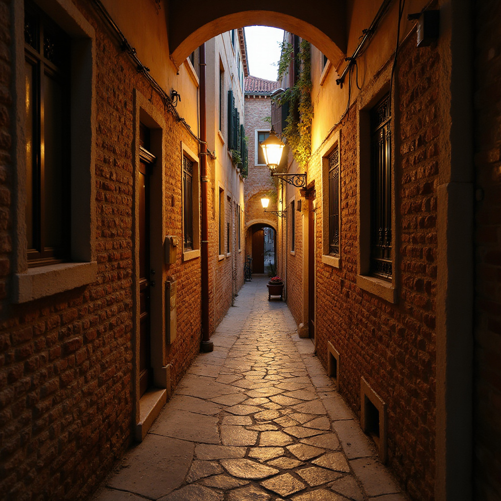 wąska uliczka w Wenecji prowadząca do ukrytego bacari