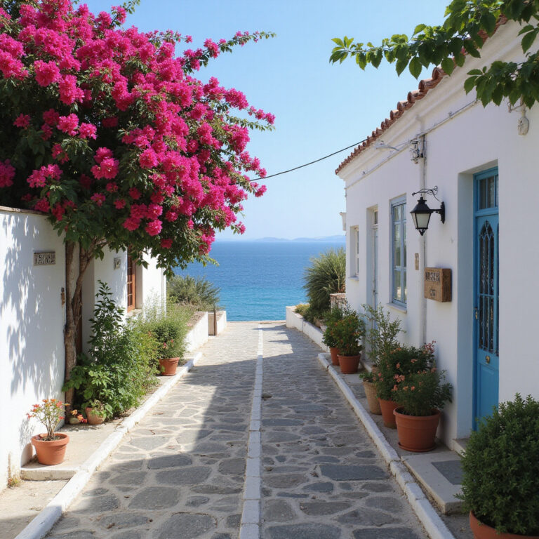 Urokliwa uliczka na Hydrze z białymi domami i błękitnym morzem w tle - idealna dla miłośników spokoju i pięknych widoków