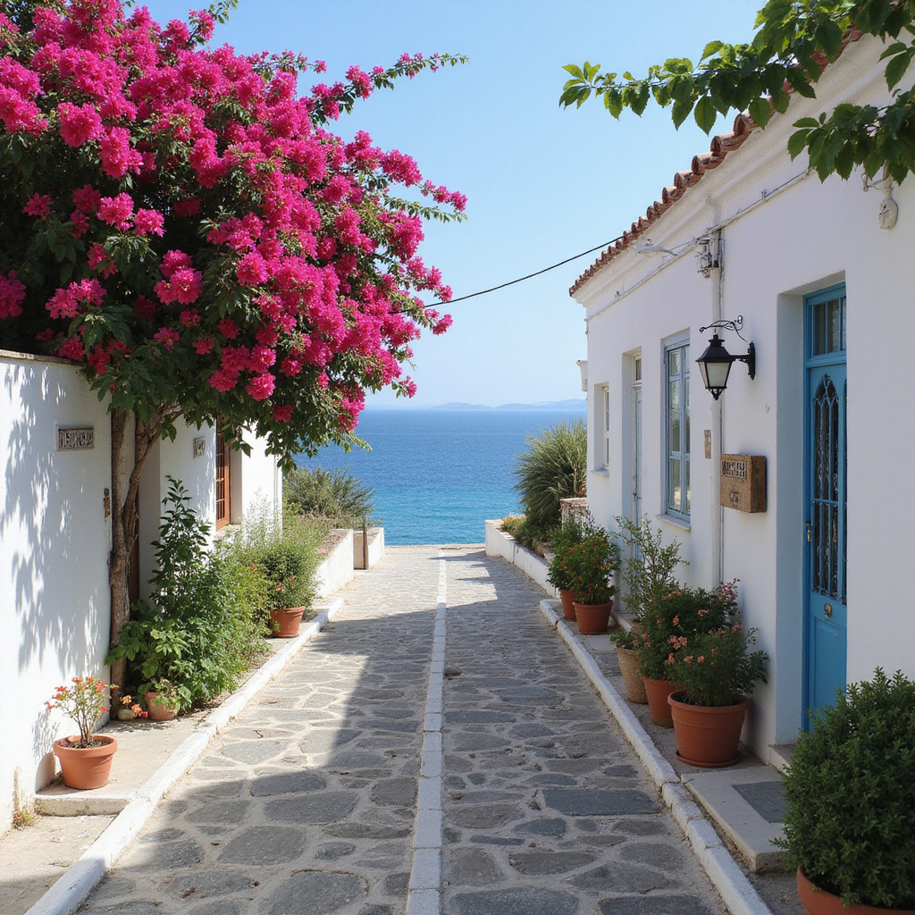 Urokliwa uliczka na Hydrze z białymi domami i błękitnym morzem w tle - idealna dla miłośników spokoju i pięknych widoków