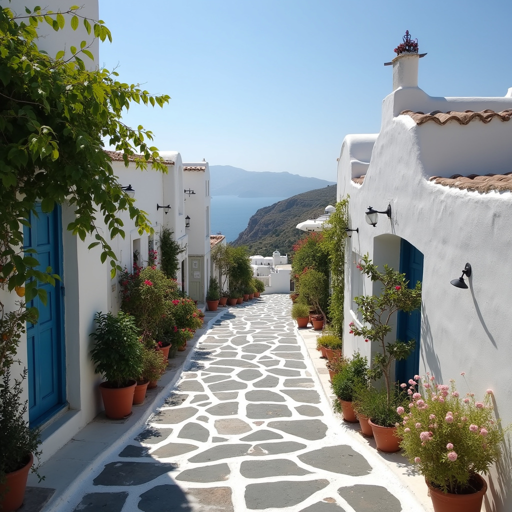 Malownicza uliczka na Santorynie z widokiem na winnice