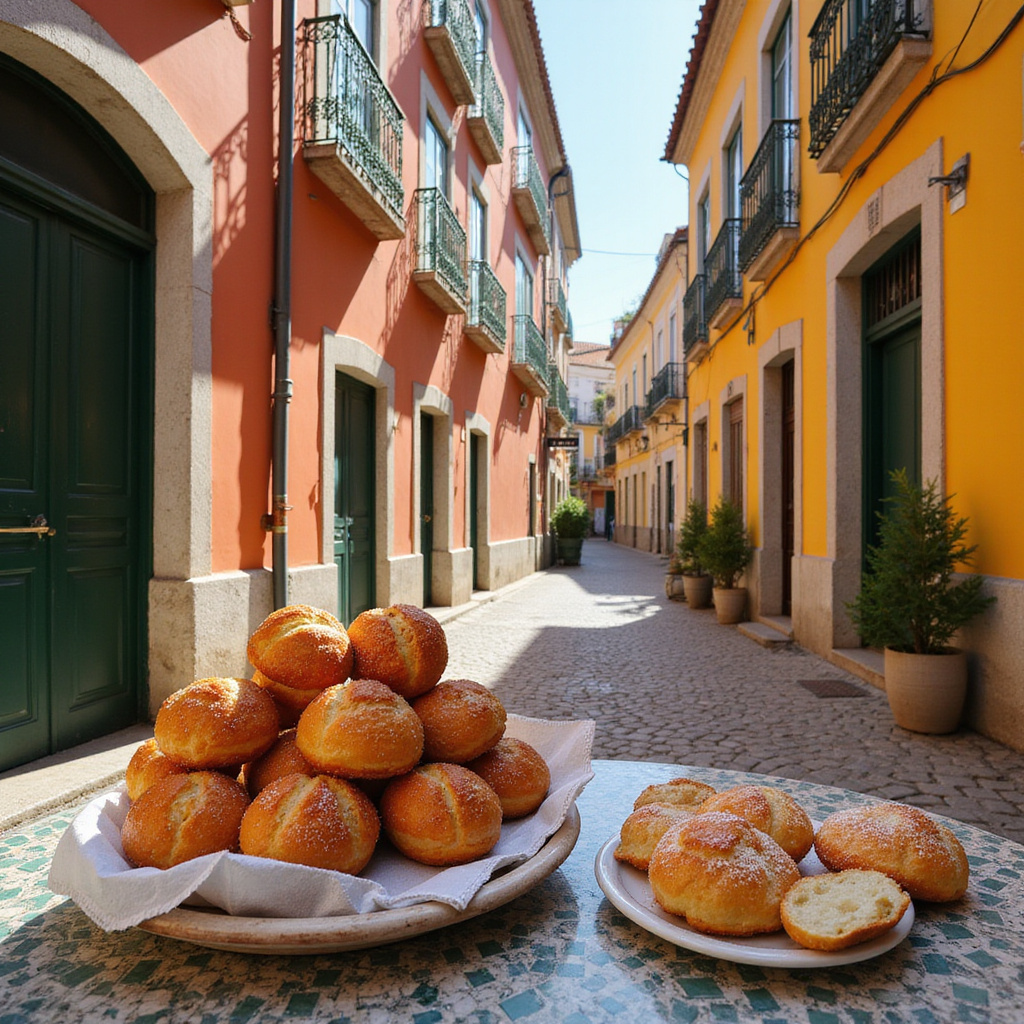Uliczka w Alfamie z kolorowymi domami i pastéis de nata w tle