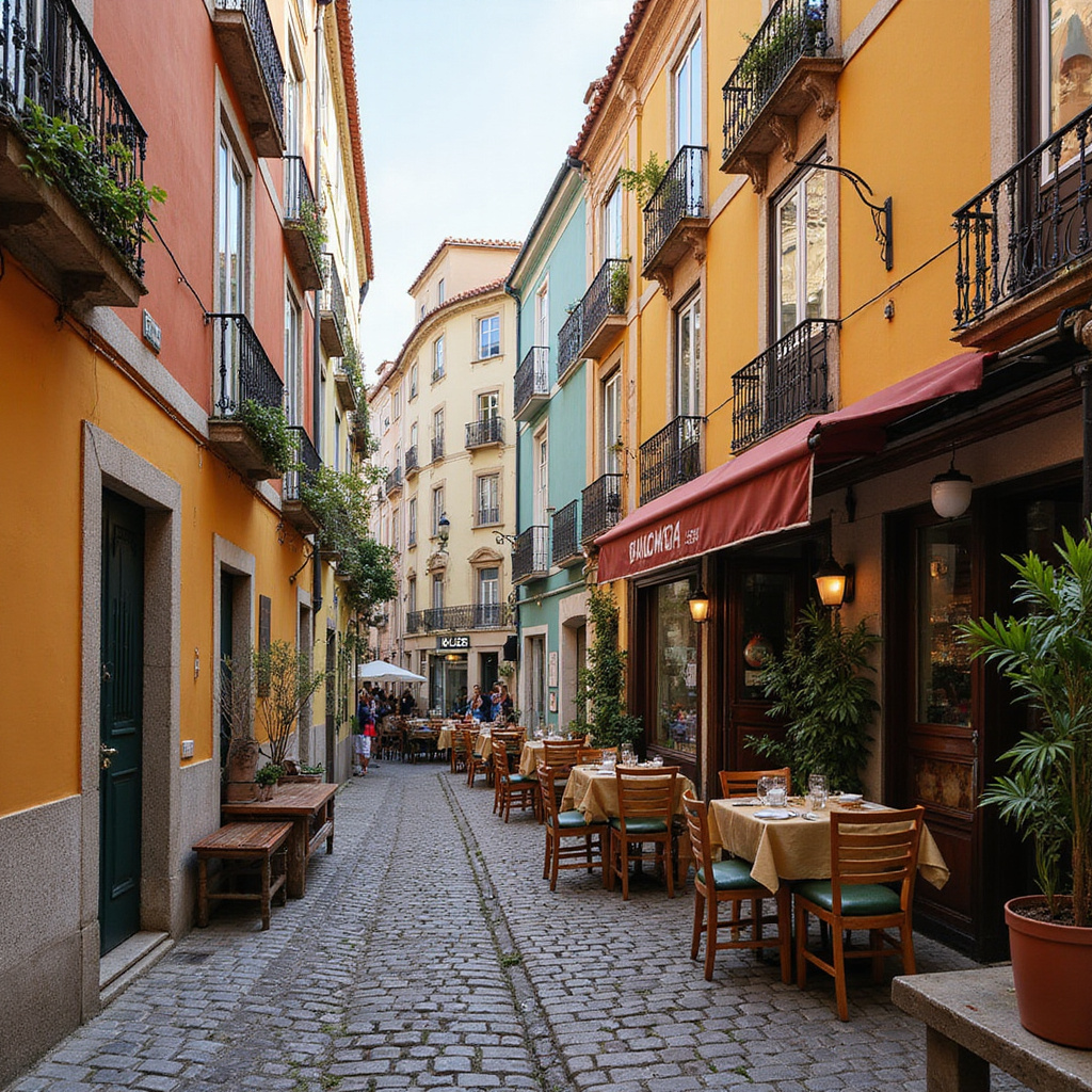 Uliczka w Alfamie z kolorowymi kamienicami i lokalnymi restauracjami