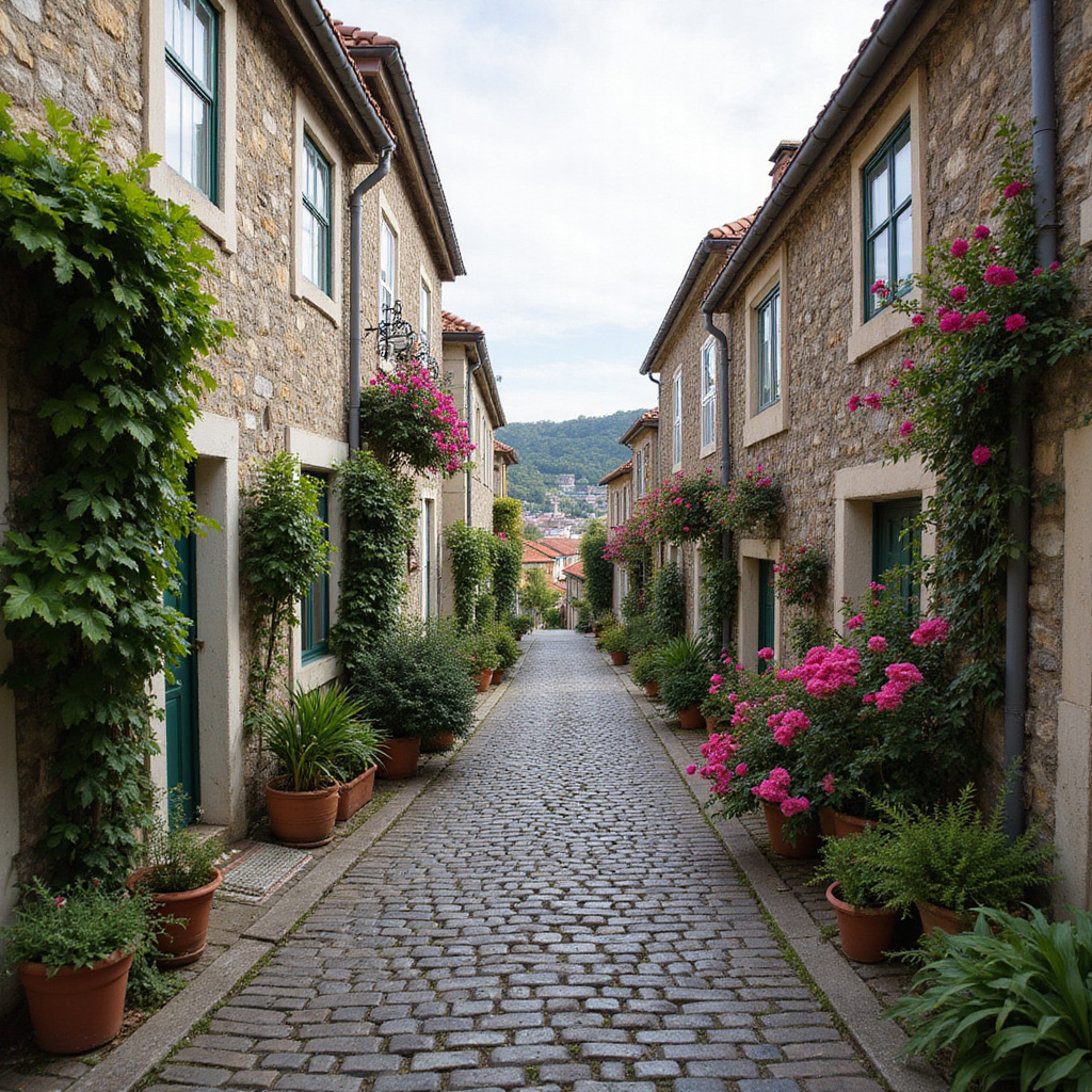 Urokliwa uliczka w Sintrze z kamiennymi domami i kwiatami, prowadząca do centrum miasta
