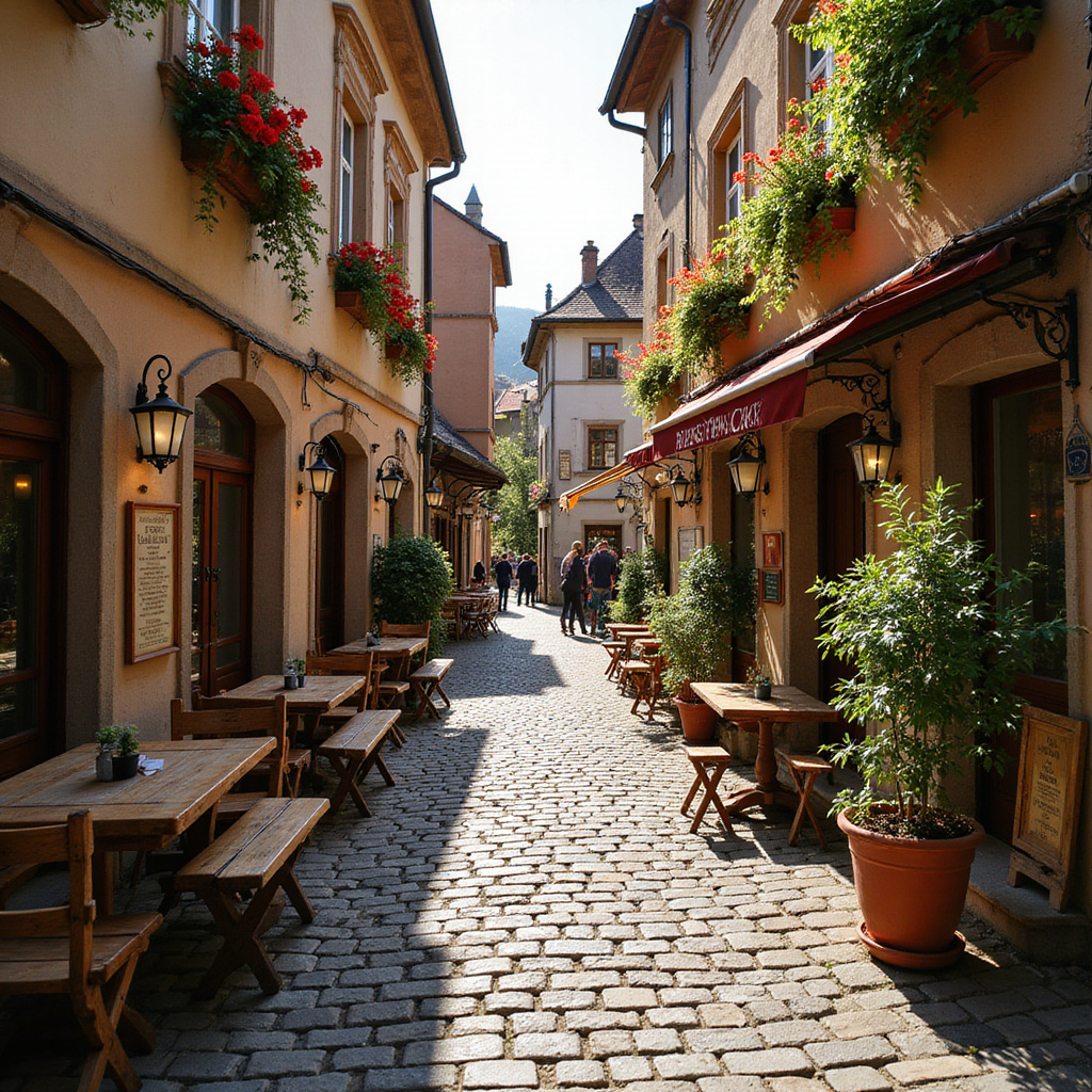 Uliczka w Czeskim Krumlovie z widokiem na lokalną restaurację