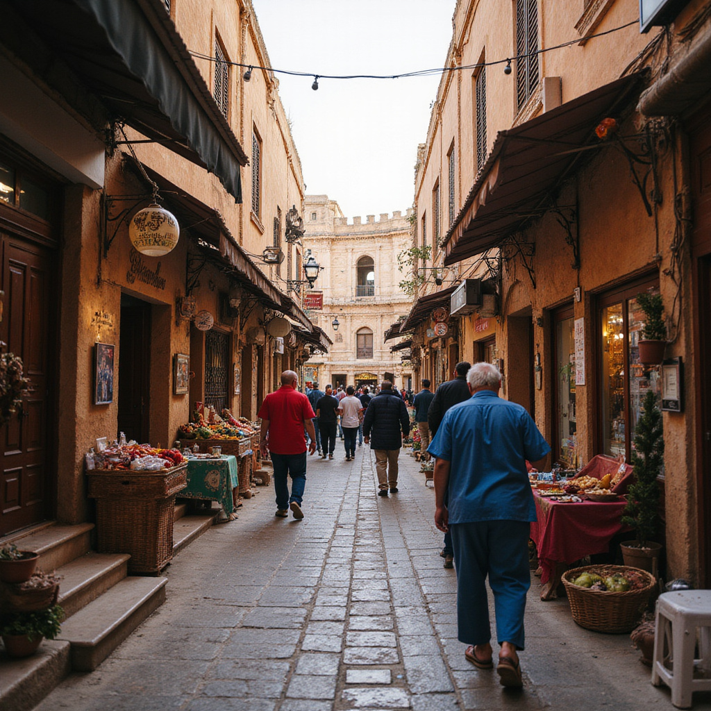 Uliczka w El Djem prowadząca do amfiteatru, lokalne stragany i codzienne życie