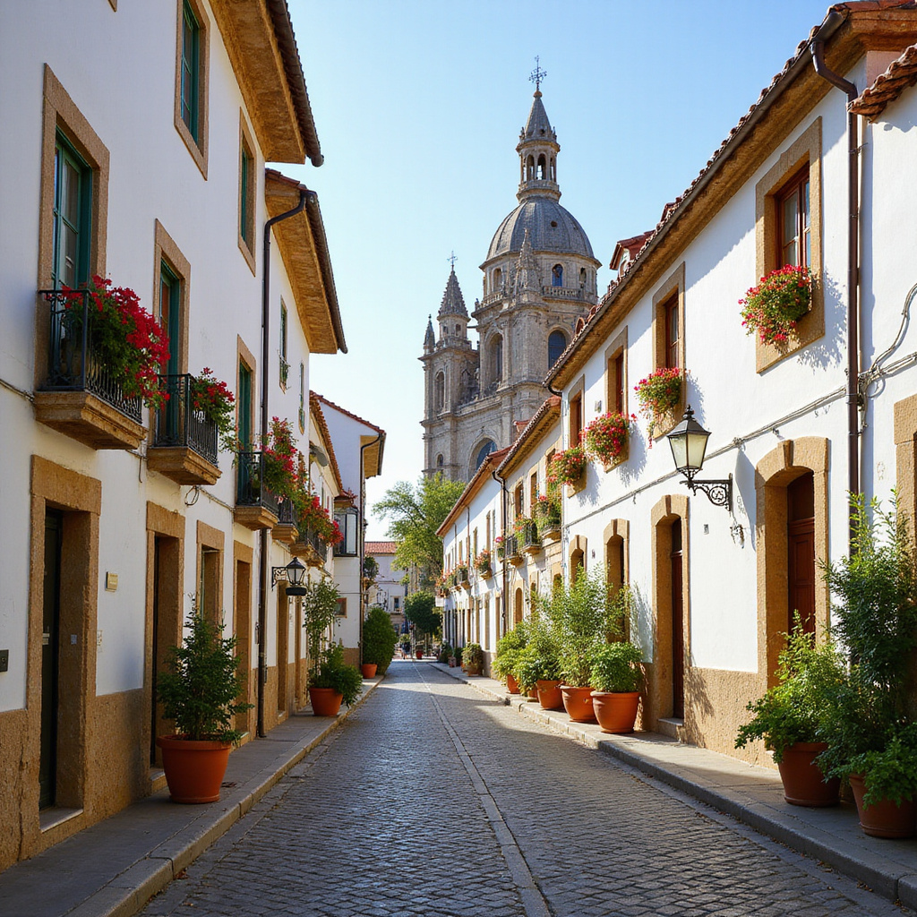 Uliczka w Kadyksie z widokiem na katedrę, typowa andaluzyjska architektura