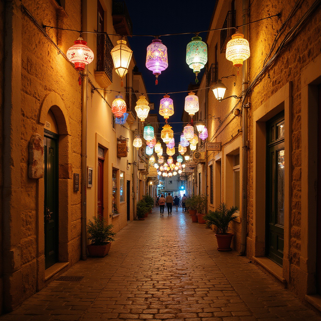 Uliczka w Nadur podczas festy św. Pawła, pełna kolorowych lampionów i lokalnych przysmaków