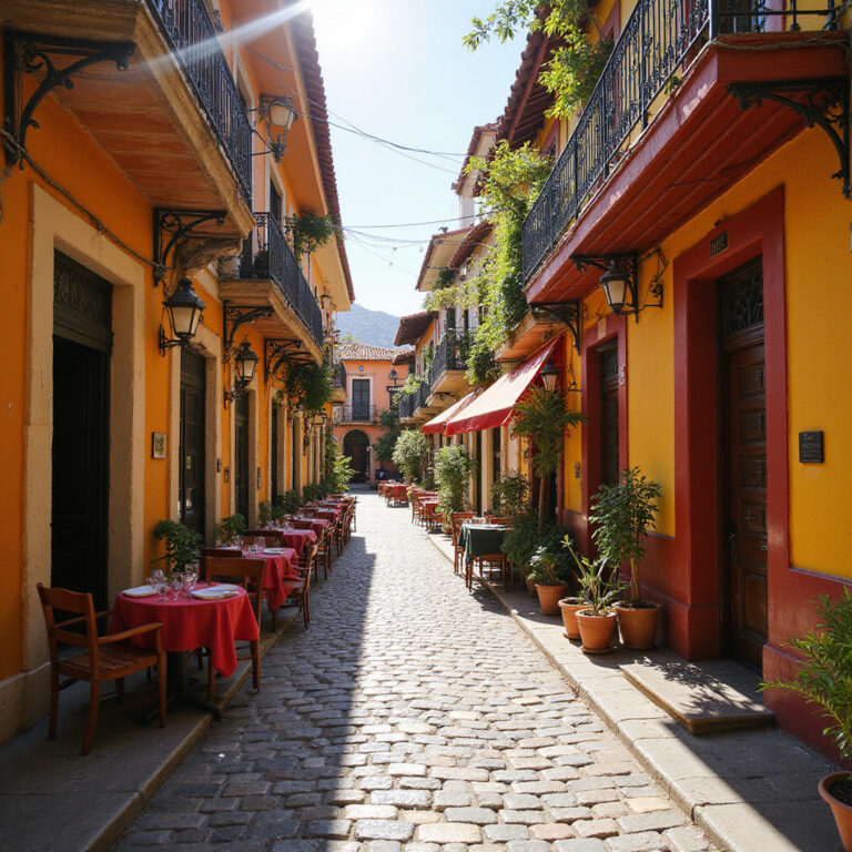 Uliczka w Santa Catalina z lokalnymi restauracjami i kolorowymi budynkami, kulinarna mozaika