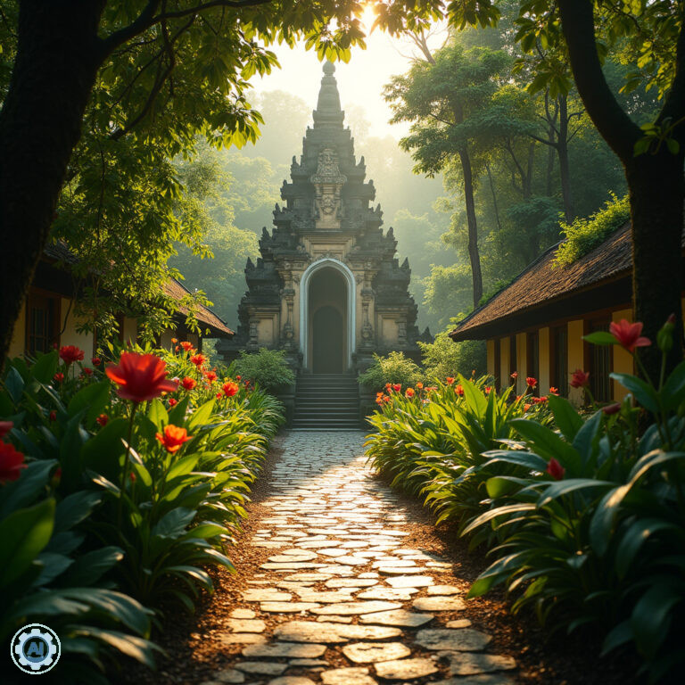 Uliczka w Ubud prowadząca do świątyni, otoczona zielenią i kwiatami