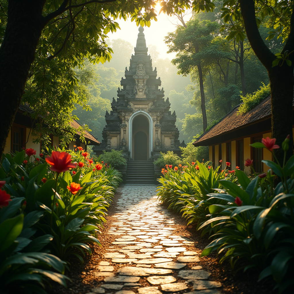 Uliczka w Ubud prowadząca do świątyni, otoczona zielenią i kwiatami