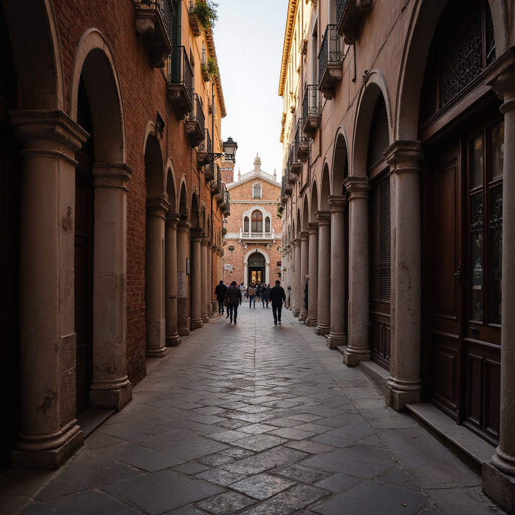 Wąska uliczka w Wenecji prowadząca do Pałacu Dożów z widocznymi łukami i kamienicami