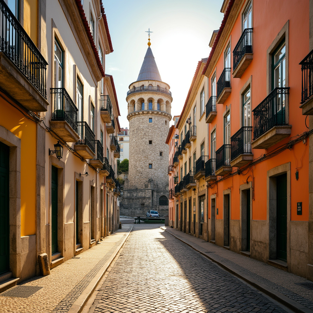 Ulica w dzielnicy Belém w Lizbonie z wieżą widoczną w tle