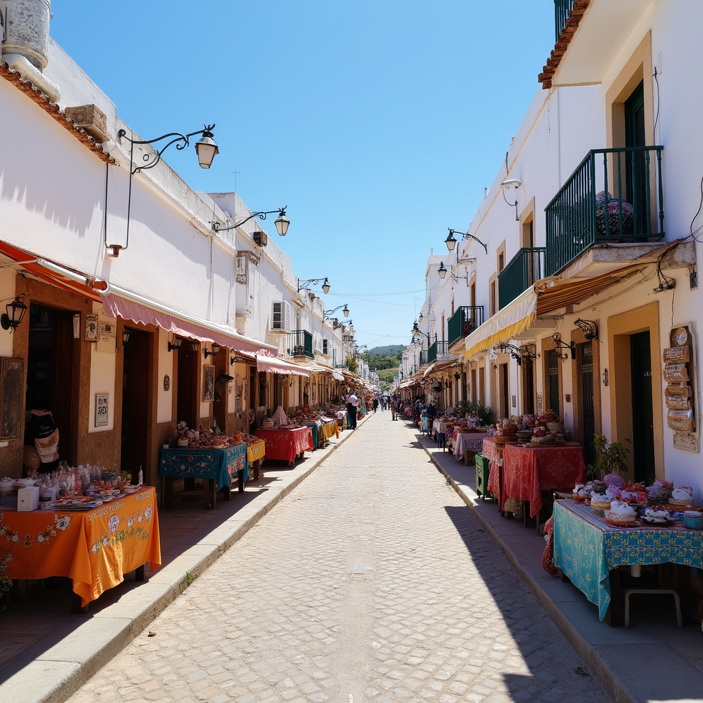 Ulica w Monastyrze z kolorowymi straganami i białymi domkami