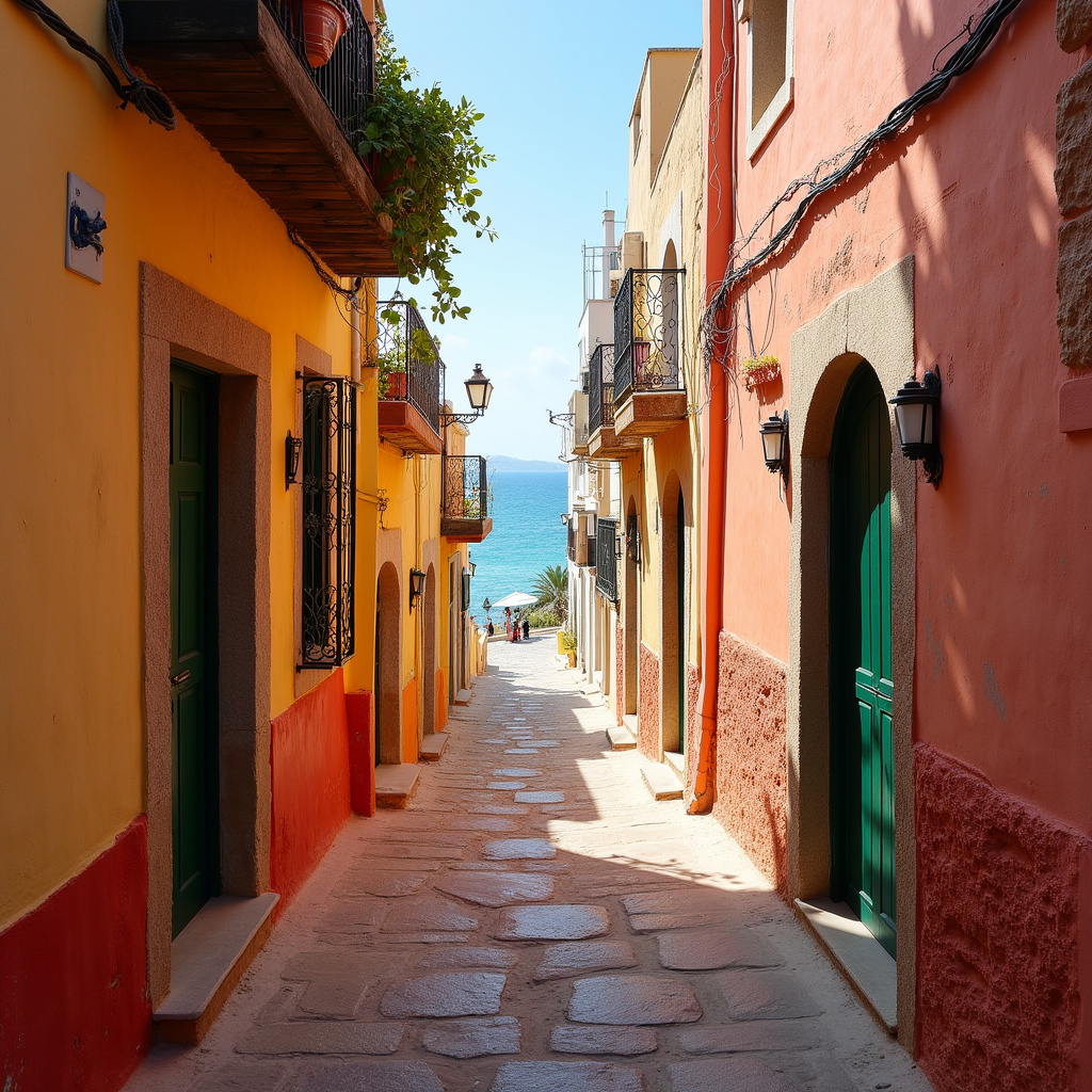 wąskie uliczki tunezyjskiego miasteczka z widokiem na morze