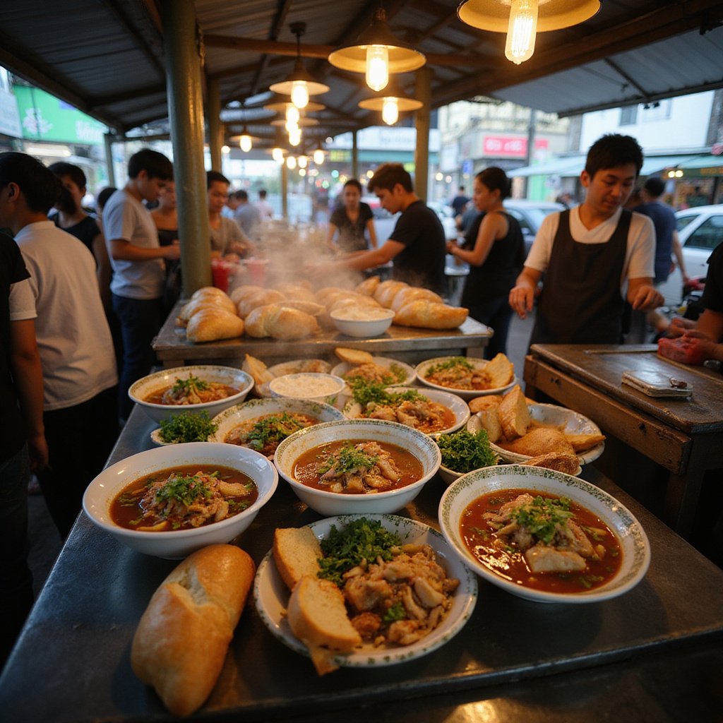Uliczny stragan z jedzeniem w Ho Chi Minh City, serwujący tradycyjne Pho i Banh Mi