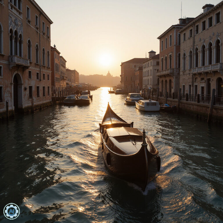 vaporetto płynące przez Canal Grande w Wenecji, wodny transport, zabytkowe budynki