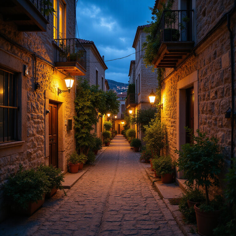 Wąskie uliczki Kaleiçi nocą z lampionami i kamiennymi domami