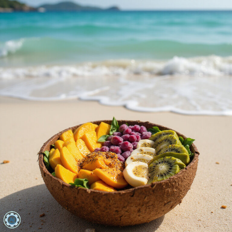 vegan smoothie bowl Boracay z egzotycznymi owocami na tle plaży
