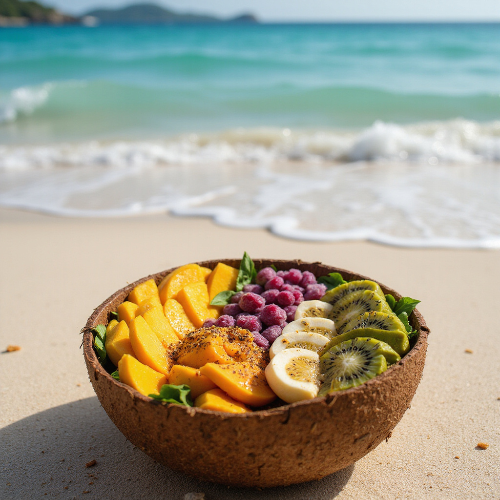 vegan smoothie bowl Boracay z egzotycznymi owocami na tle plaży