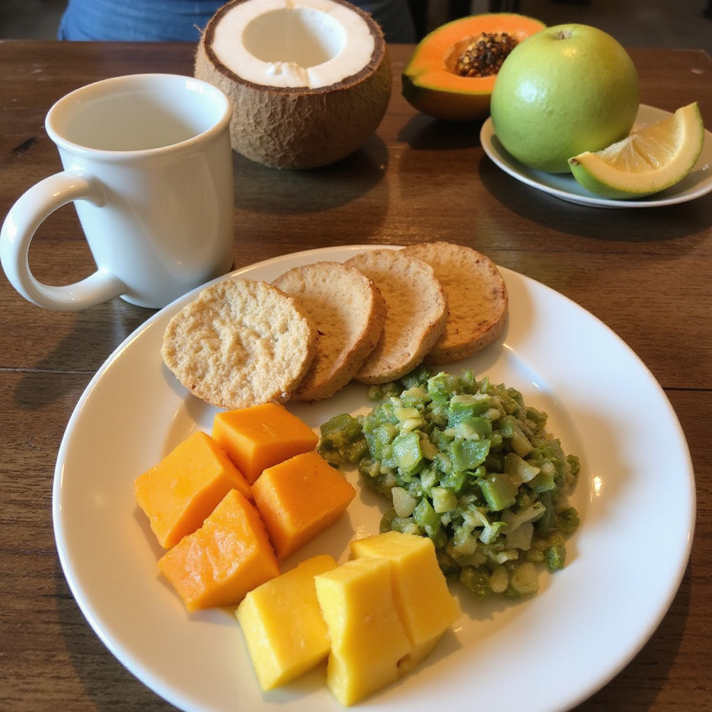 Wegańskie śniadania w Dominikanie - mango, papaja i świeże kokosy