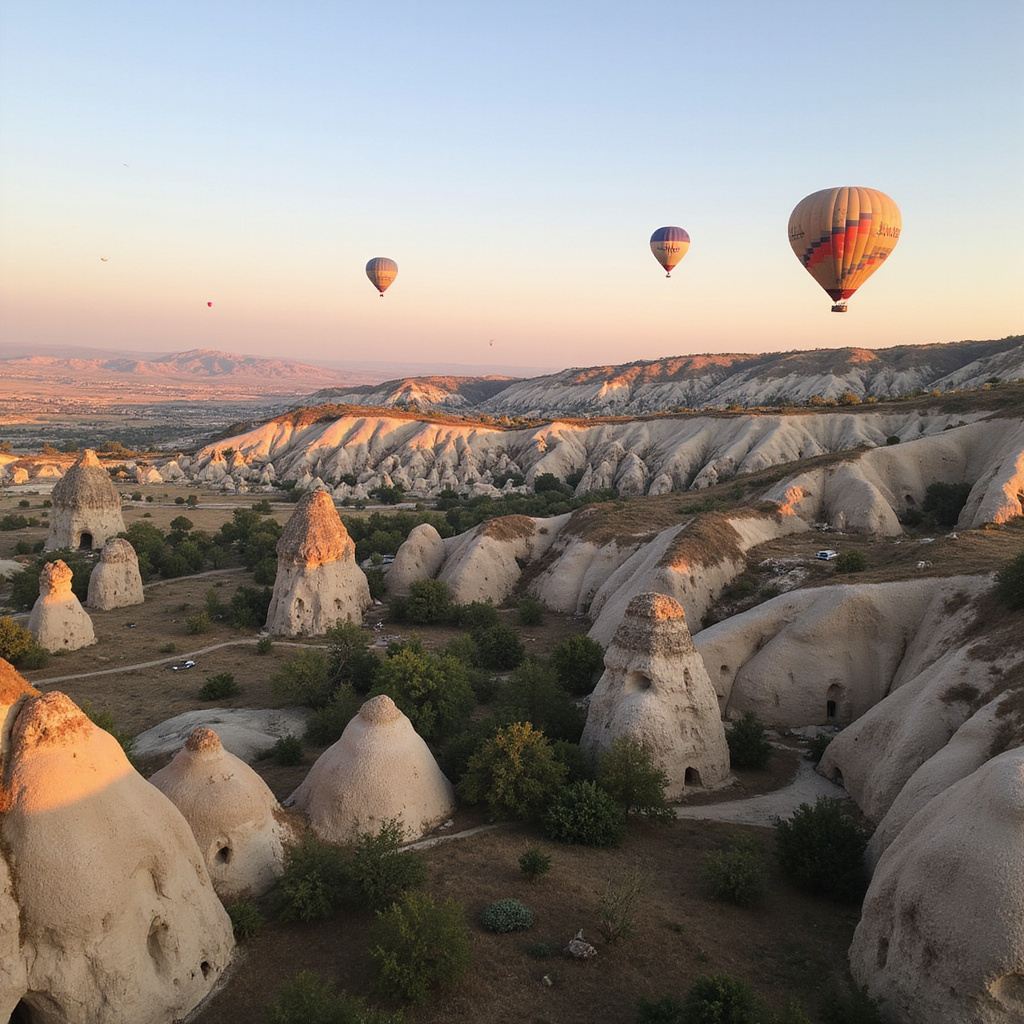 Widok z lotu ptaka na doliny Kapadocji z unoszącymi się balonami