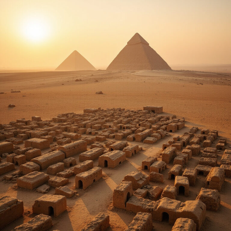 cmentarz robotników w Gizie widziany z lotu ptaka, pustynia i piramidy w tle