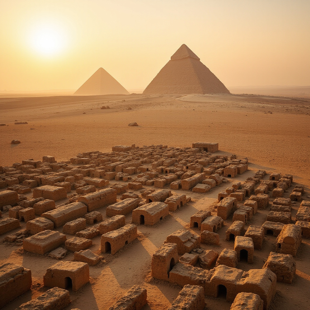 cmentarz robotników w Gizie widziany z lotu ptaka, pustynia i piramidy w tle