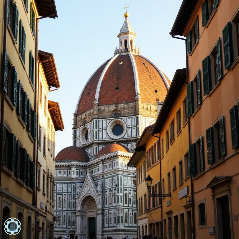 Kopuła Brunelleschiego widziana z ulicy w okolicach katedry Santa Maria del Fiore, florencka architektura
