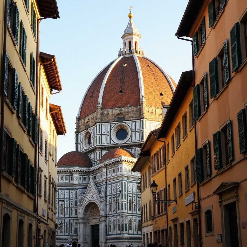 Kopuła Brunelleschiego widziana z ulicy w okolicach katedry Santa Maria del Fiore, florencka architektura