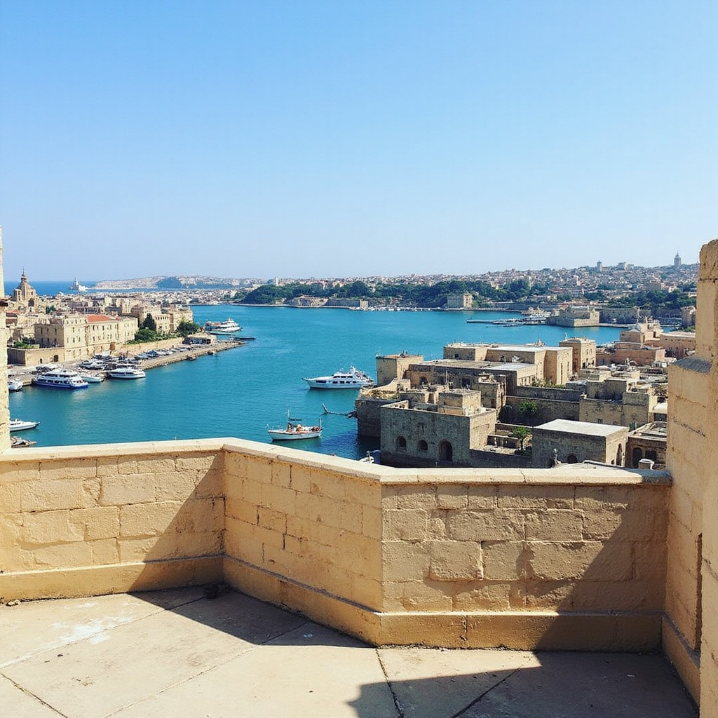 Widok na Sengleę z tarasu widokowego, panorama Grand Harbour Malta i zabytkowa architektura