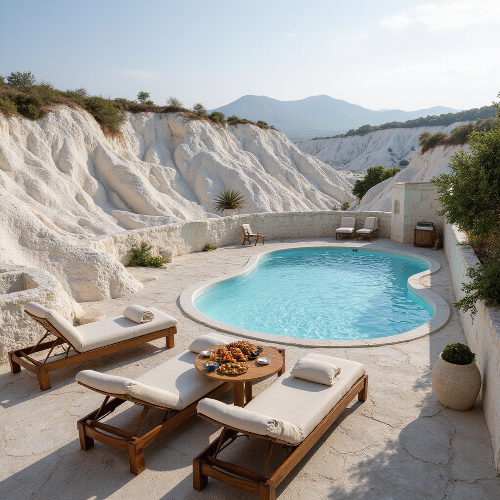 Taras w Pamukkale z widokiem na białe formacje, turecka kuchnia, krajobraz