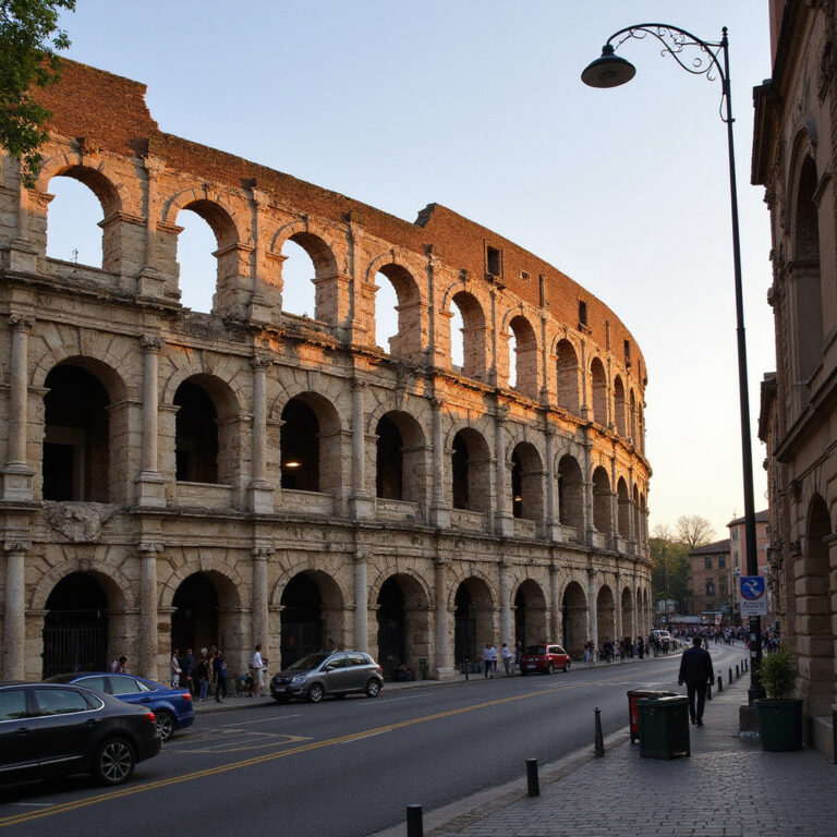 Teatr Rzymski w Weronie widziany z ulicy z widokiem na starożytne trybuny