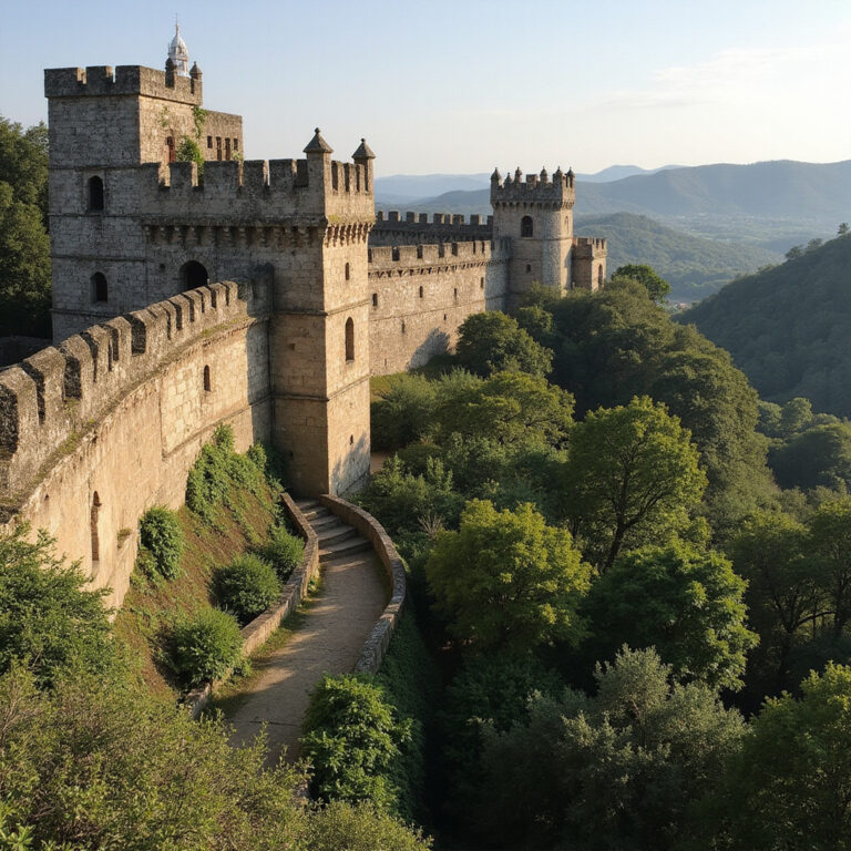Zamek Maurów w Sintrze widziany z zielonego wzgórza, portugalska architektura historyczna